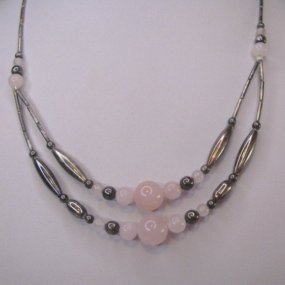 Vintage Pink Quartz Silver Bead Necklace 18" L - Picture 1 of 7